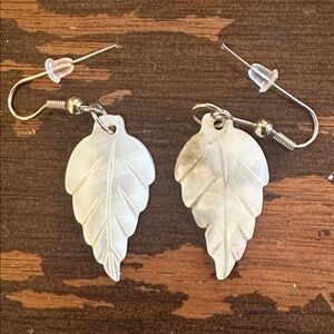 Mother Of Pearl Carved Leaf Or Feather Earrings
